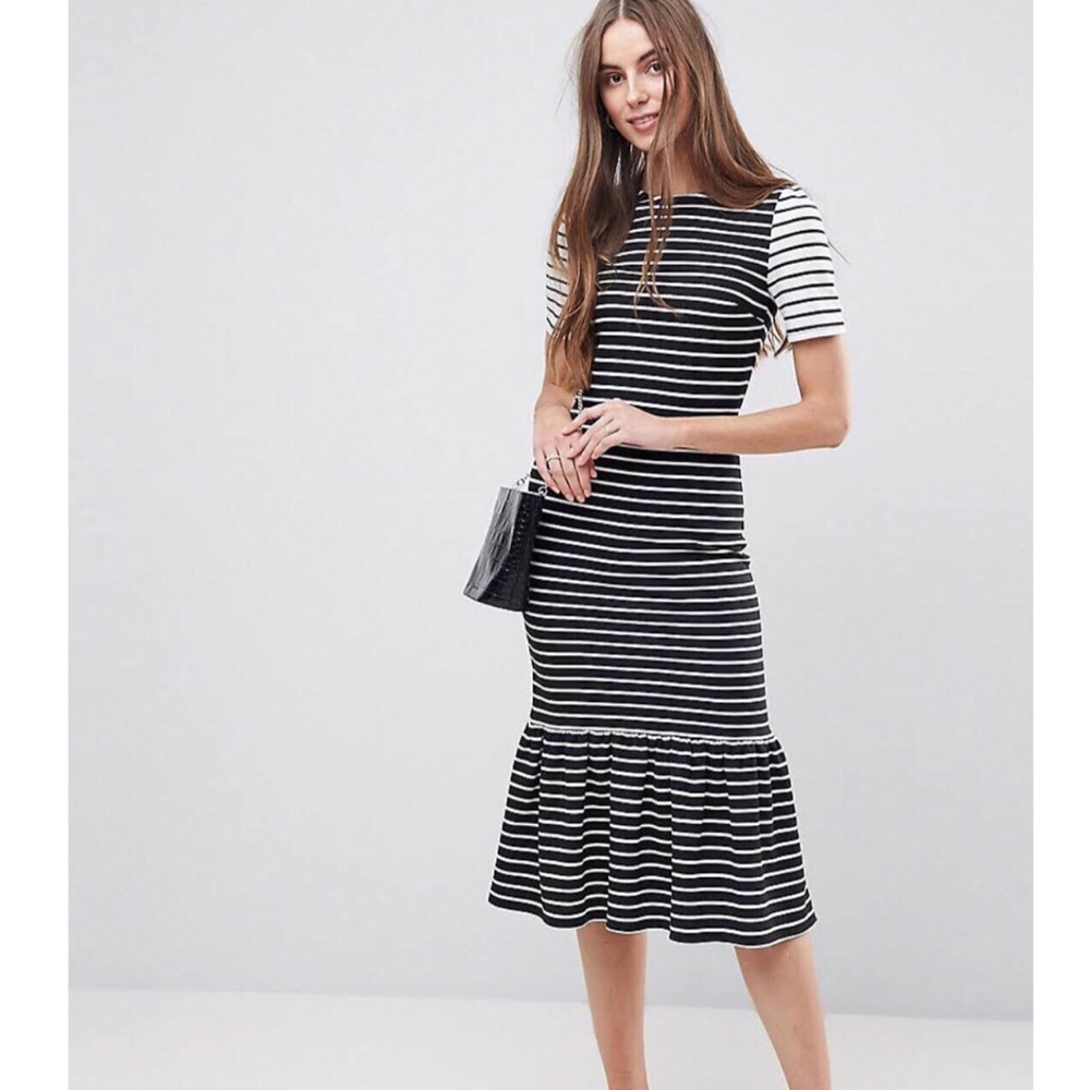 ASOS Blk white short slv stripe pep hem midi dress